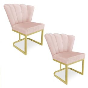 Kit 02 Poltronas Flor Veludo Rosa Bebê Base Metálica Industrial Dourado - Pallazio