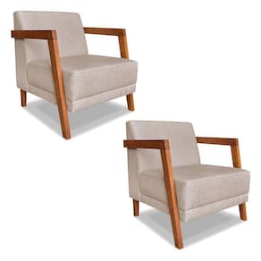 Kit 02 Poltronas Decorativa Natália Linho Areia Base Em Madeira Castanho - Pallazio