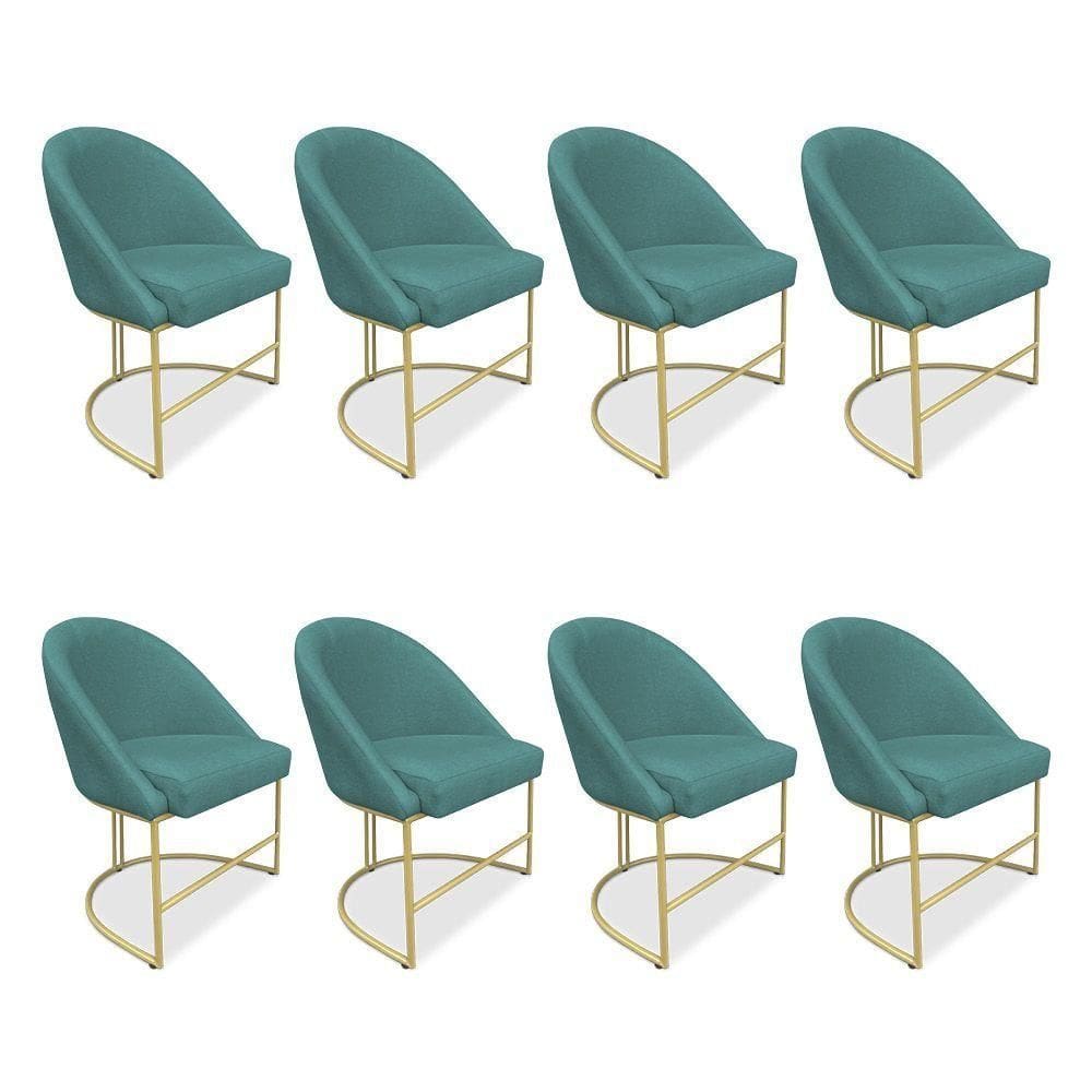 Kit 08 Cadeiras Poltrona De Jantar Bela Suede Base Metálica Industrial Dourado Azul Turquesa