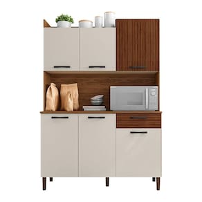 Armário De Cozinha Compacta 6 Portas E 1 Gaveta 121cm Florença Ripado Nogueira-off White - Pallazio