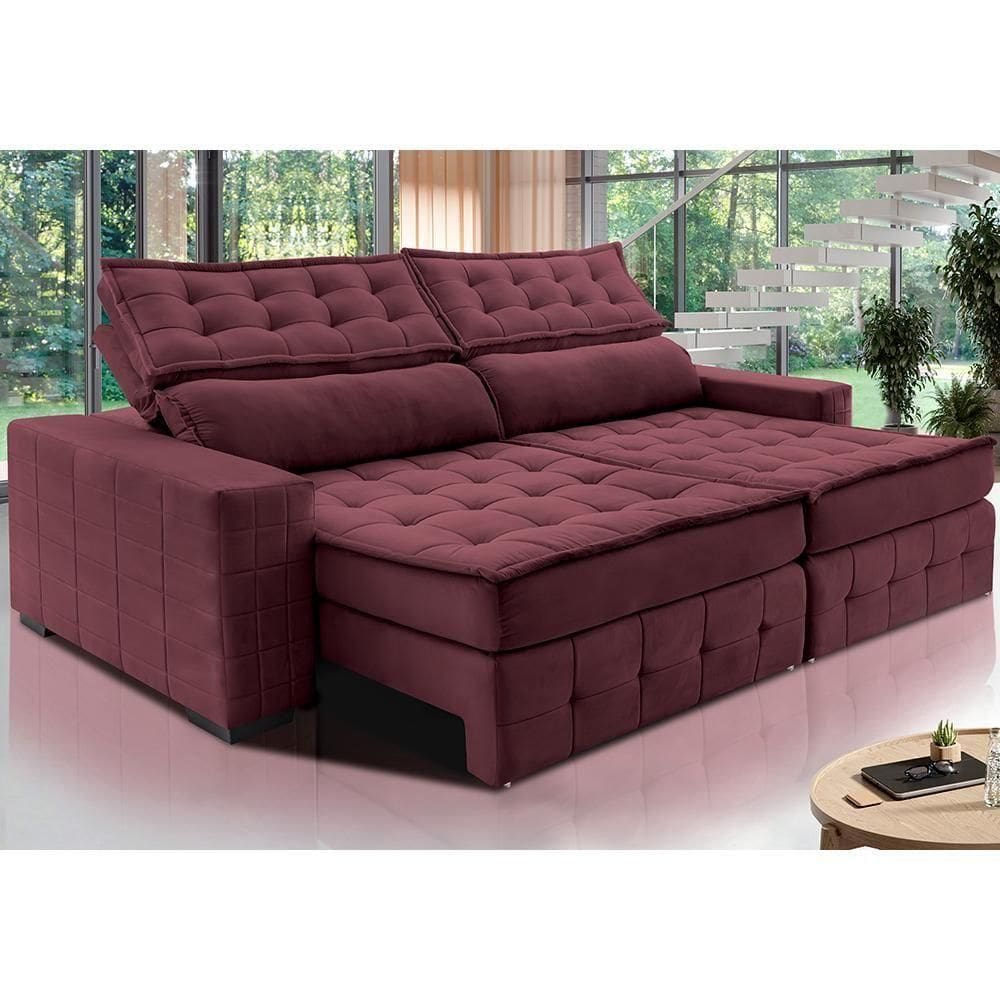 Sofá Retrátil E Reclinável 2,35M Cama Inbox Big Puffer Com Softgel D40 Velupluma Vinho