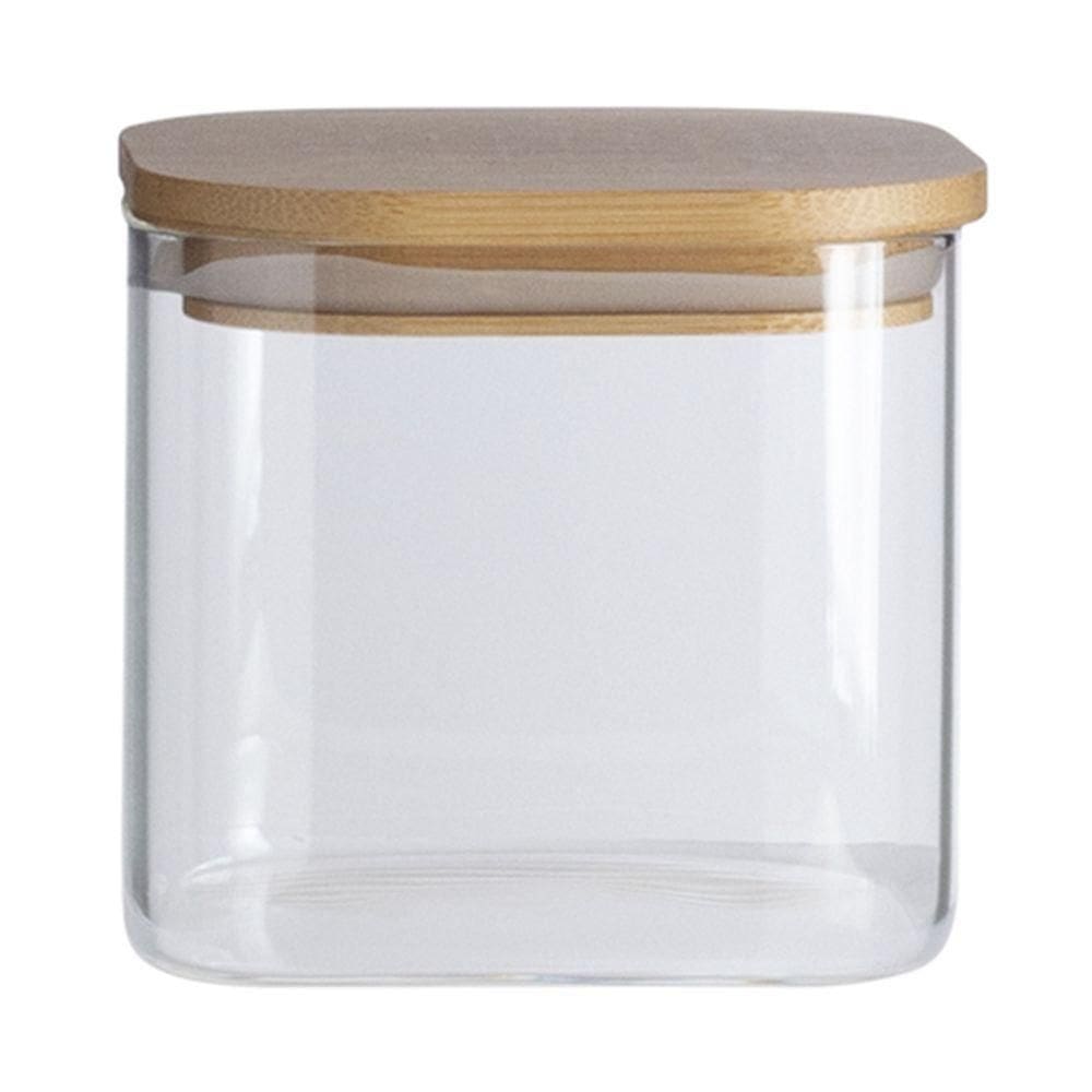 Pote De Vidro Com Tampa De Bambu Oikos 600ml Hermético Quadrado