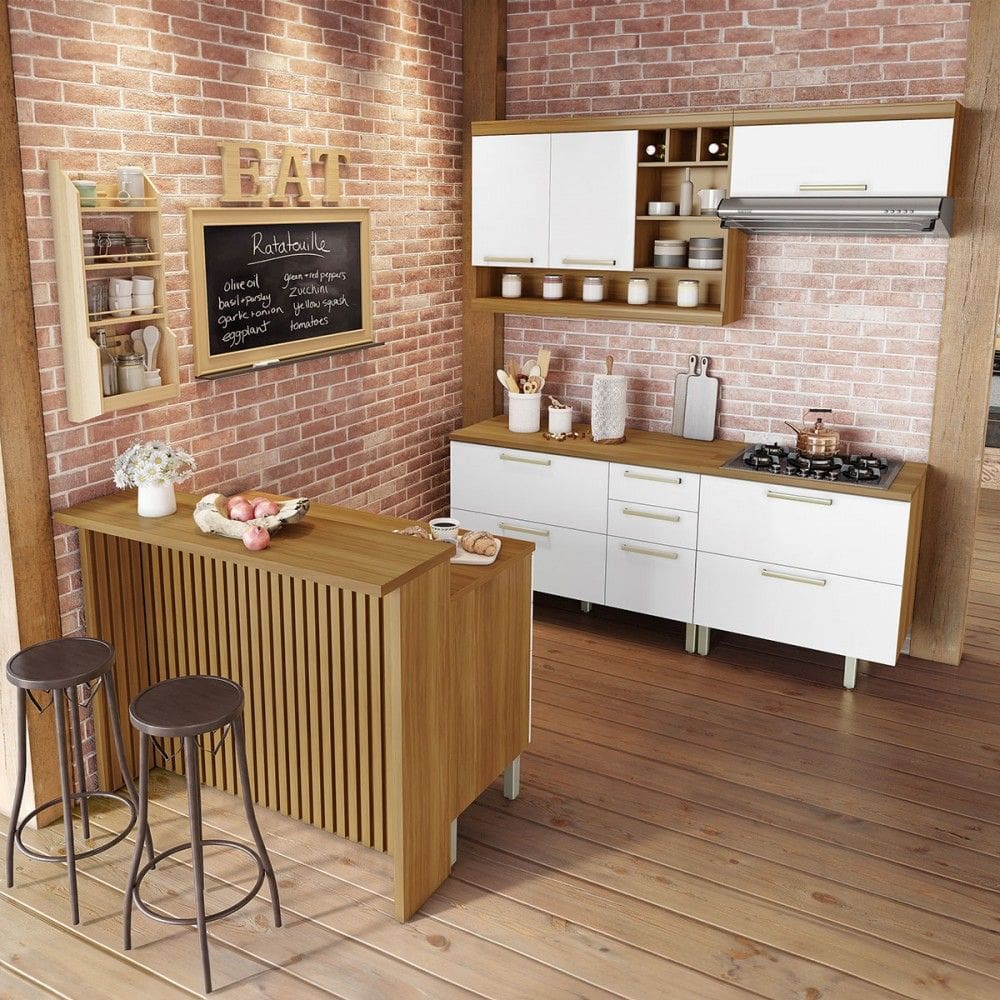 Cozinha Completa Burguesa Gourmet com Ilha 8 Portas 7 Gavetas Ripado 100% Mdf Freijó/Branco - Nesher