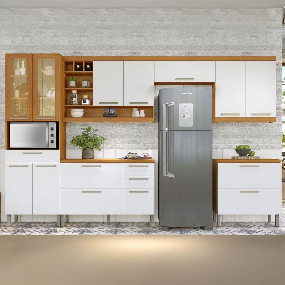 Cozinha Completa Burguesa Premium 12 Portas 5 Gavetas com Vidro 100% Mdf Freijó/Branco - Nesher