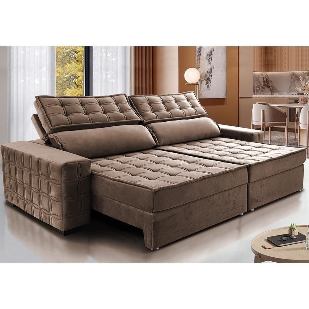 Sofá Retrátil E Reclinável 2,55M Cama Inbox Big Star Com Softgel D40 Velupluma Castor
