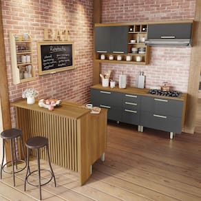 Cozinha Completa Burguesa Gourmet com Ilha 8 Portas 7 Gavetas Ripado 100% Mdf Freijó/Grafite - Nesher