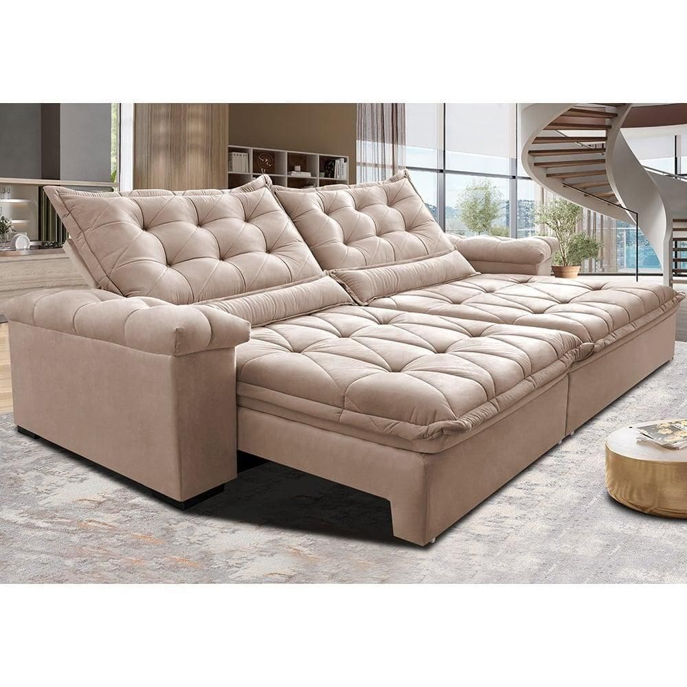 Sofá Retrátil E Reclinável 2,75M Cama Inbox Big Fresh Com Softgel D40 Velupluma Bege