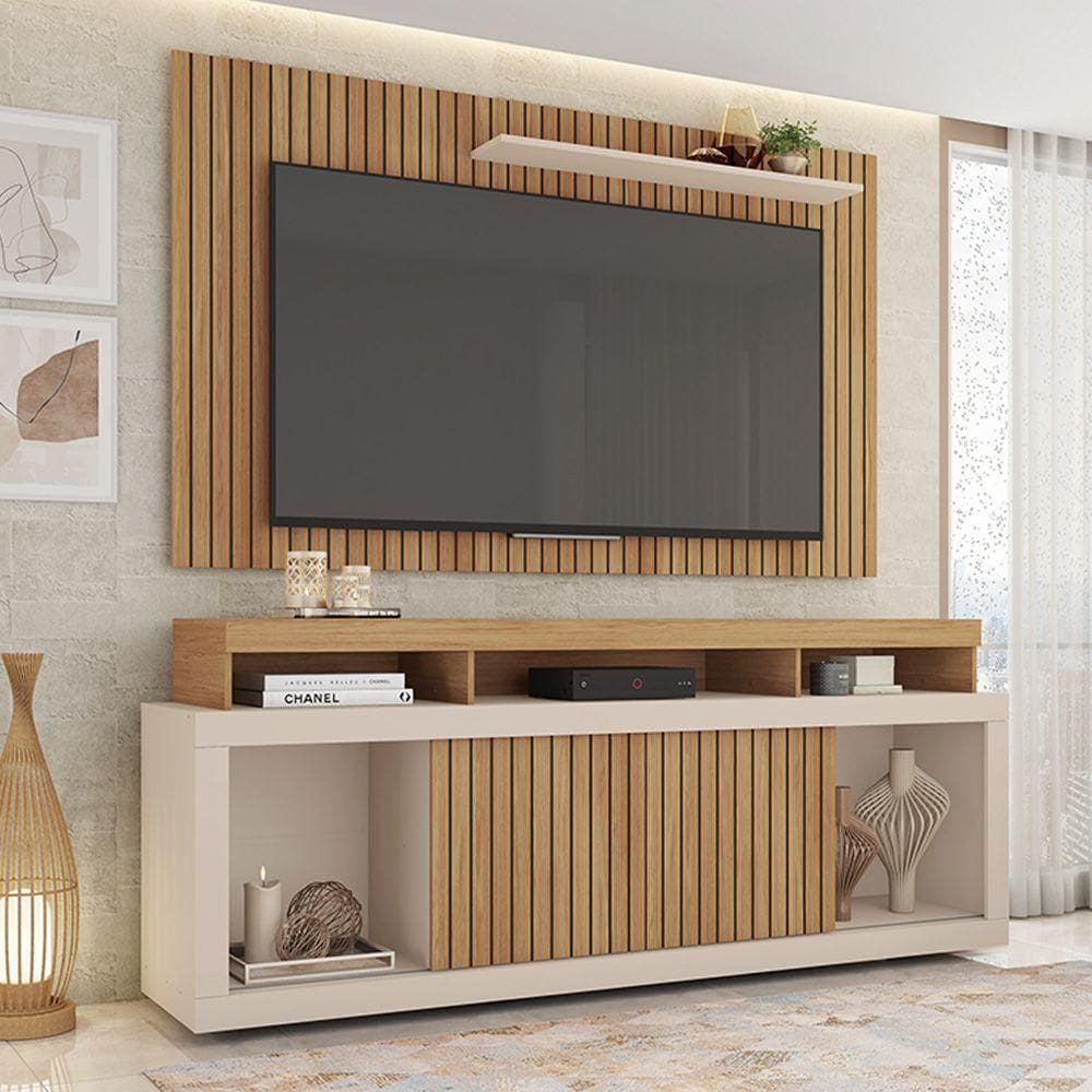 Conjunto Decorativo Rack E Bancada Brendan Mdf/mdp Ripado Para Tv 55 Pol. Buriti/offwhite G11 - Gran Belo
