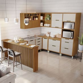 Cozinha Completa Imperatriz 8 Portas 9 Gavetas com Ilha Gourmet Ripado 100% Mdf Freijó/Off White - Nesher