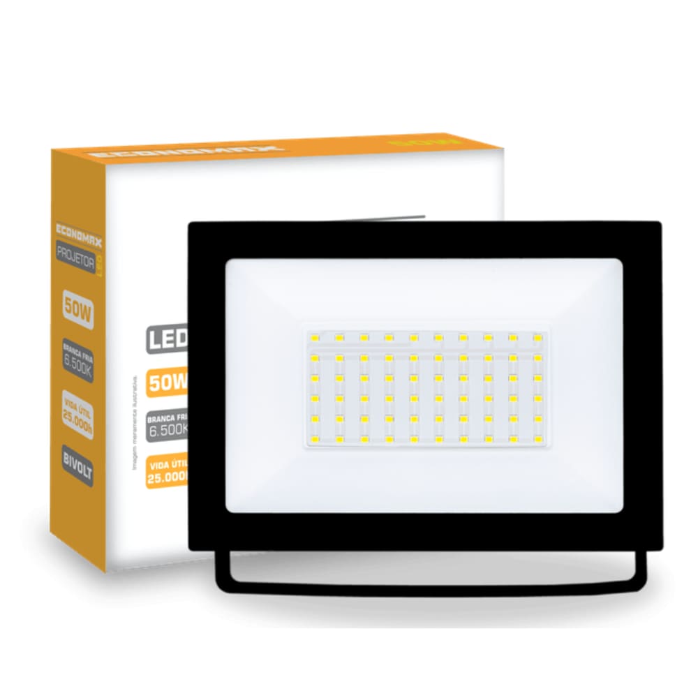 Refletor 50w Slim LED IP65 Branco Frio 6500K Bivolt Economax