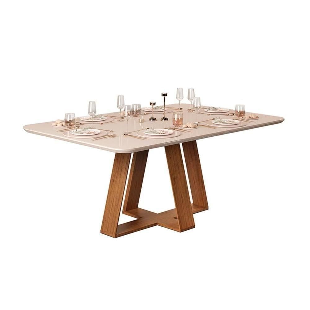 Mesa De Sala Jantar Celeste Com tampo Vidro Curvo 160x90cm Freijó off White Dj Móveis