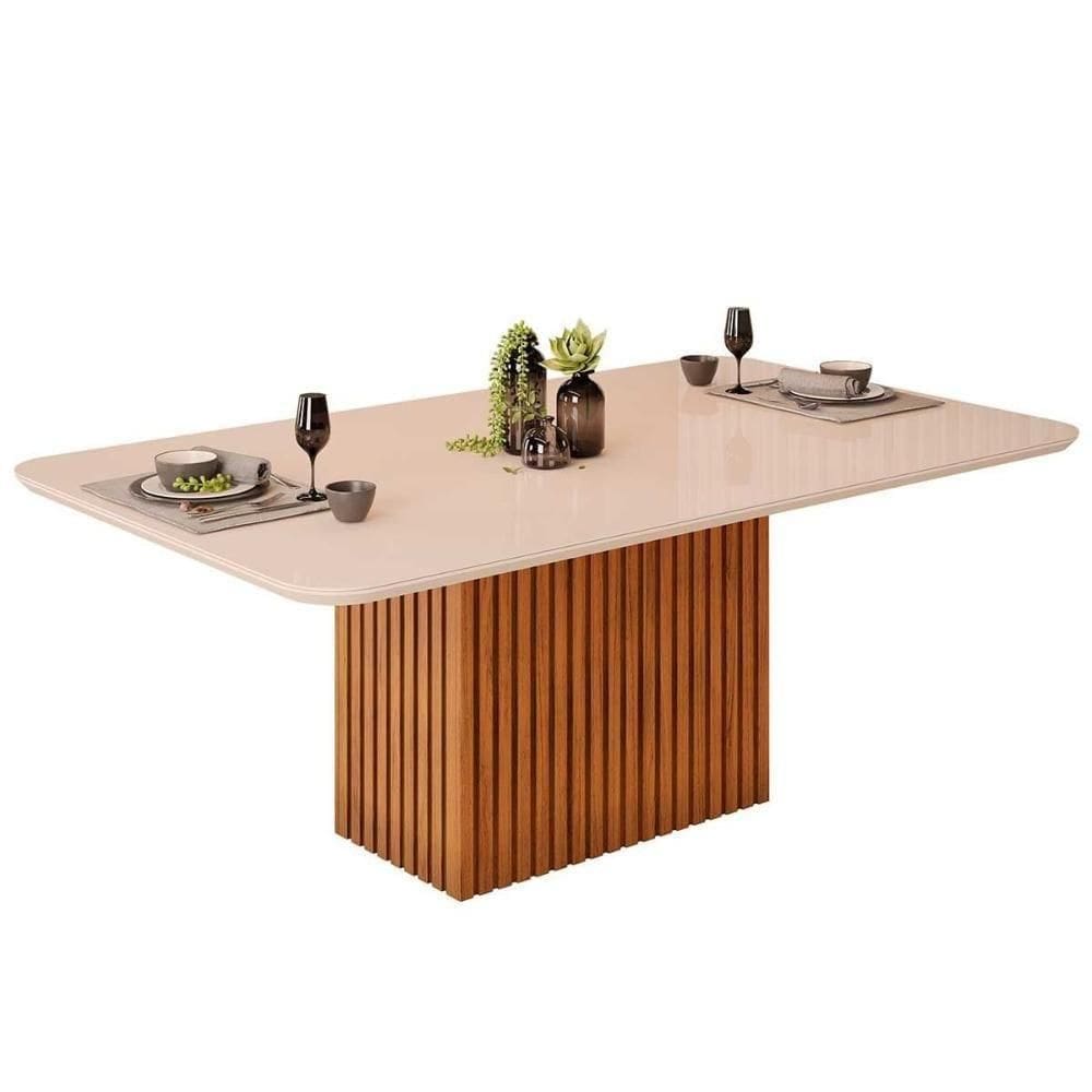 Mesa De Sala Jantar Canes Com tampo Vidro Curvo 200x100cm Freijó off White Dj Móveis