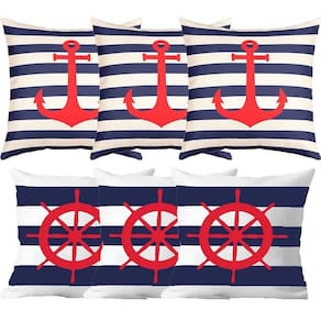 Kit 6 Capas De Almofadas âncora E Timão Vermelho Marítima