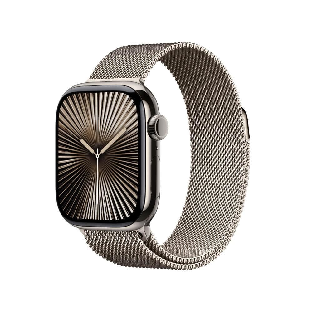 Apple Watch Series 10 GPS + Cellular • Caixa natural de titânio – 42 mm • Pulseira natural estilo milanês