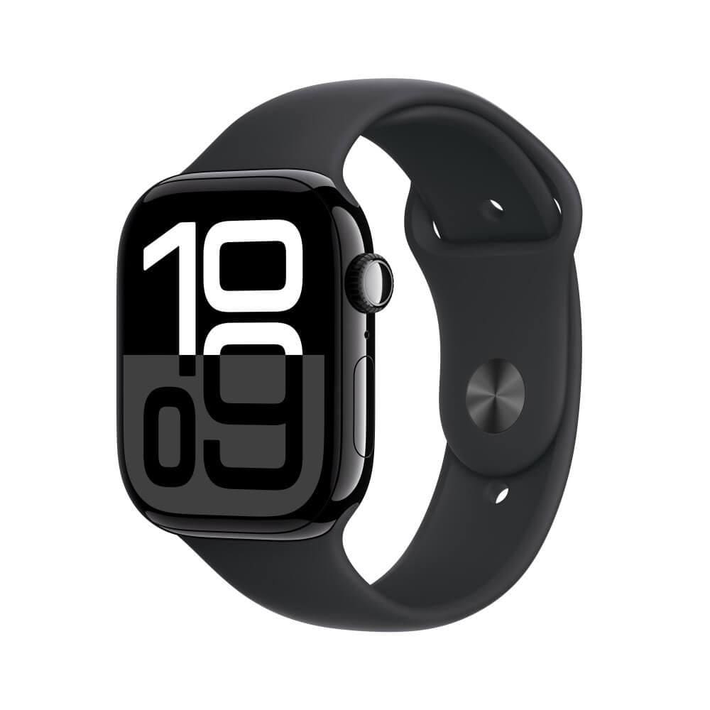 Apple Watch Series 10 GPS + Cellular • Caixa preta brilhante de alumínio – 46 mm • Pulseira esportiva preta – M/G
