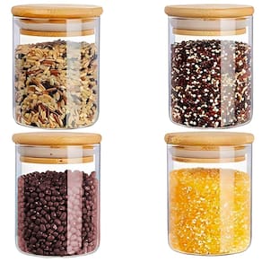 Kit 4 Potes Herméticos 450ml Vidro Temperos Mantimentos Tampa De Bambu