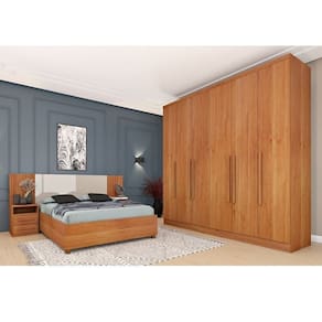 Quarto Casal Completo Roupeiro Veneza 4 Gavetas, Cama Casal Mônaco e Painel Ripado 4 Gavetas Cinamomo