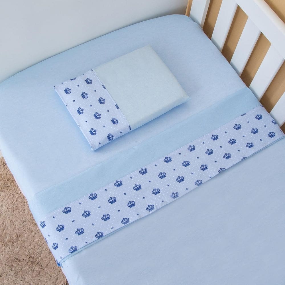 Jogo Lençol 3 Peças 100% Algodão Berço Coroa Azul
