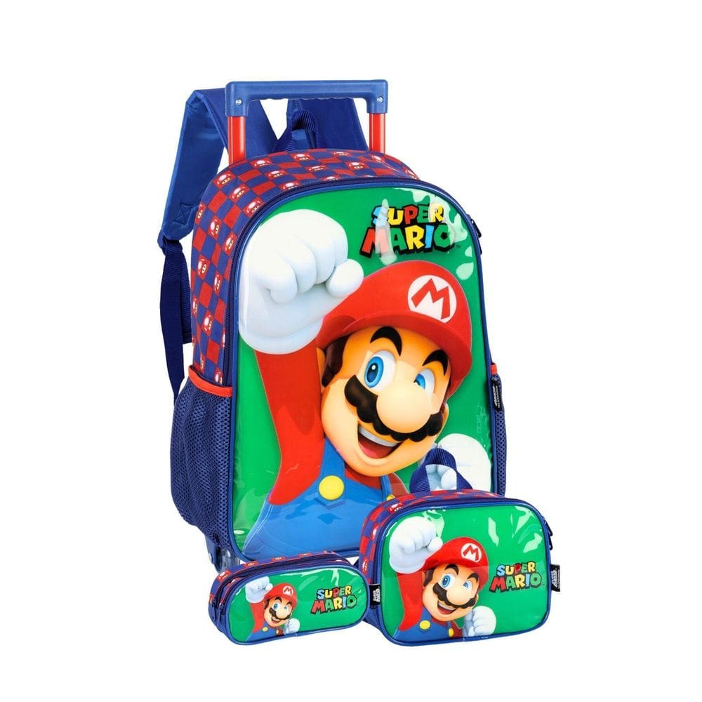Kit Super Mario Mochila De Rodinhas Lancheira Estojo Verde