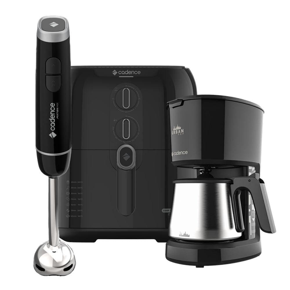 Kit Trio Black Cadence - Cafeteira - Fritadeira 4L - Mixer Inox - 127V