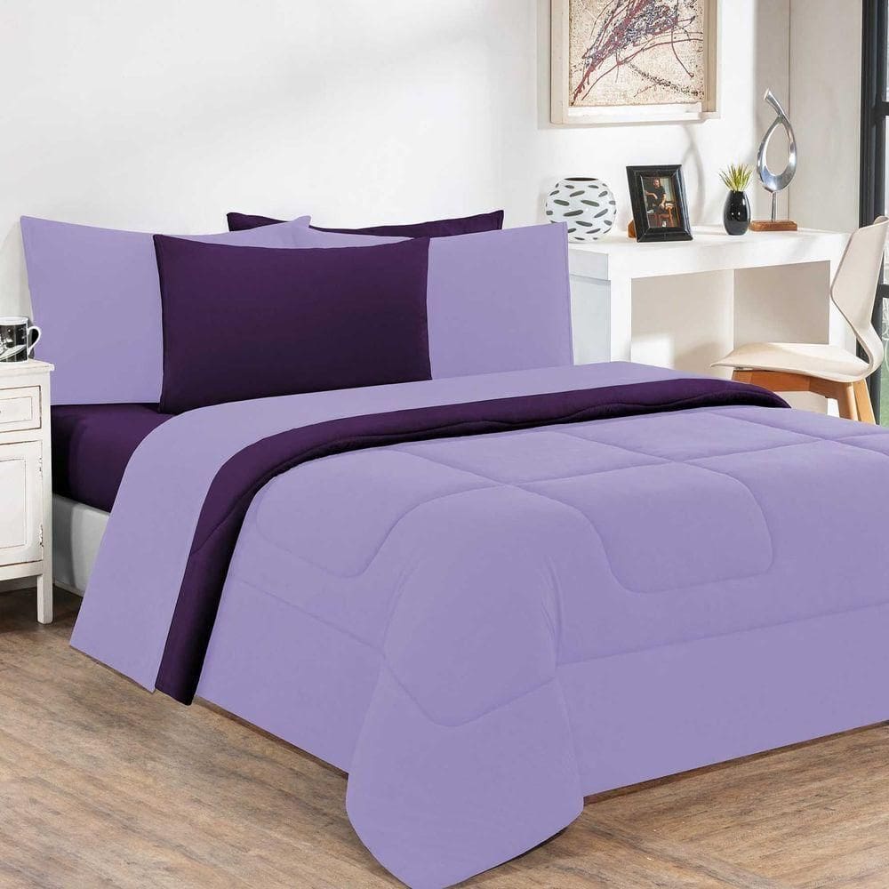 Kit Edredom + Jogo De Lençol 100% Algodão Gran Moratta 6 Peças Queen Lilás-roxo