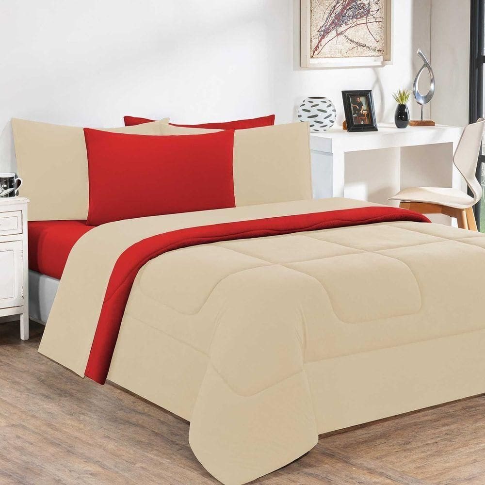 Kit Edredom + Jogo De Lençol 100% Algodão Gran Moratta 7 Peças Casal Palha vermelho