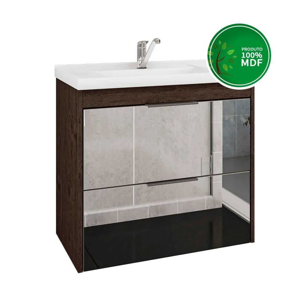 Gabinete Para Banheiro 59cm 100% MDF Com 2 Gavetas Espelhadas E Pia Califórnia Mgm Móveis Café