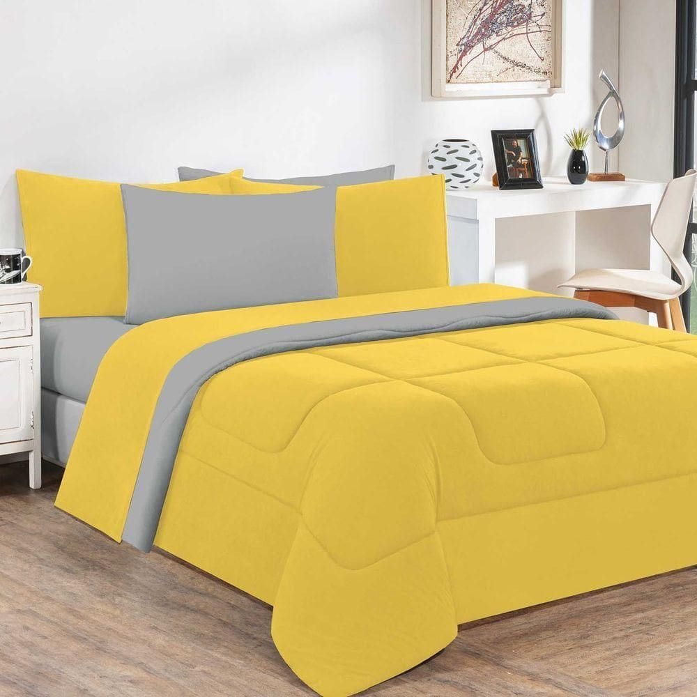 Kit Edredom + Jogo De Lençol 100% Algodão Gran Moratta 6 Peças King Amarelo-cinza
