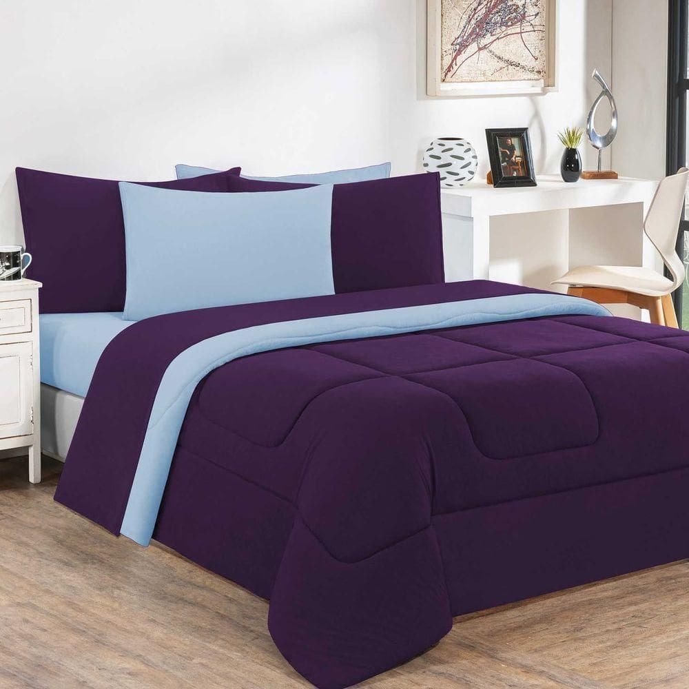 Kit Edredom + Jogo De Lençol 100% Algodão Gran Moratta 5 Peças Solteiro Roxo azul Bebê