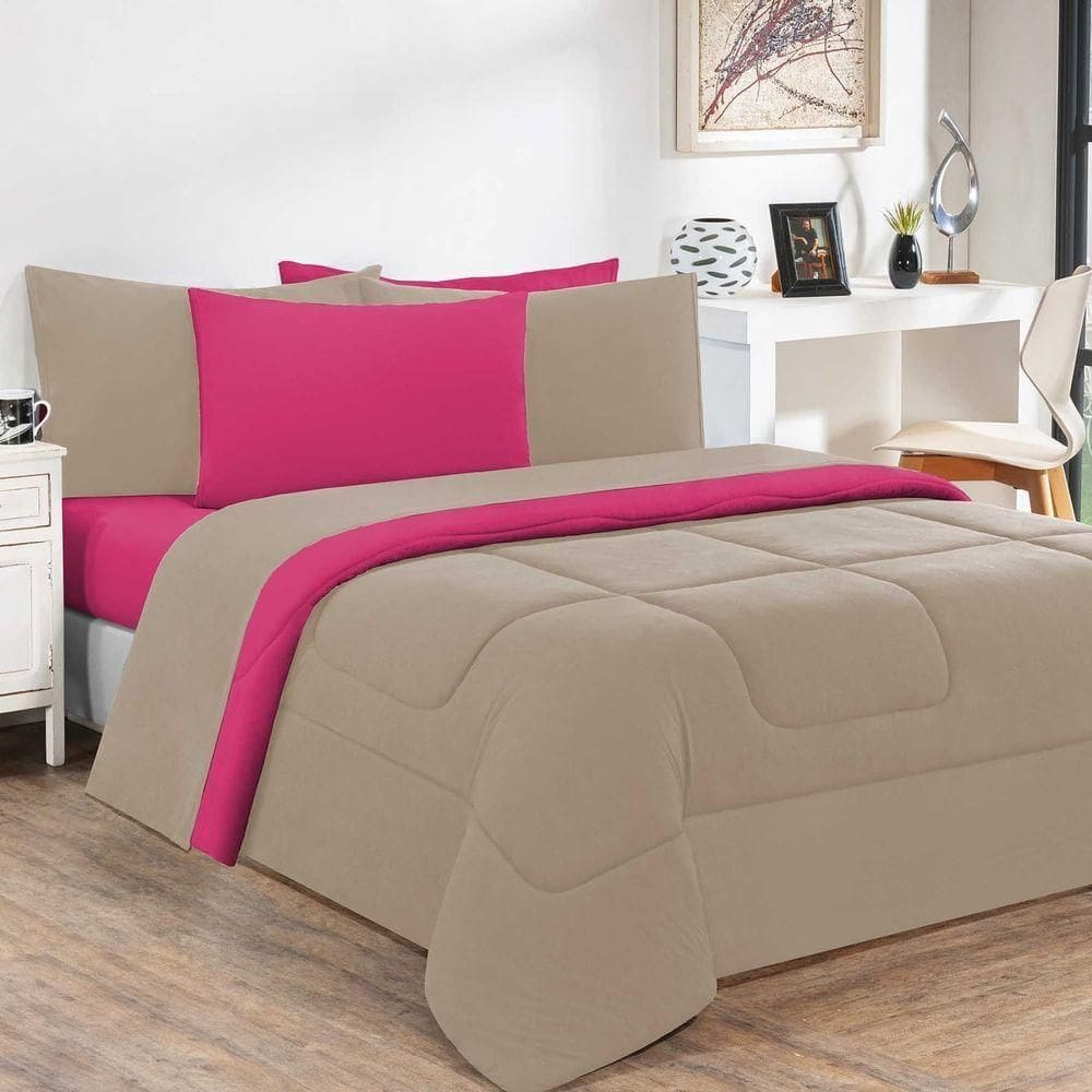 Kit Edredom + Jogo De Lençol 100% Algodão Gran Moratta 7 Peças King Avelã-pink