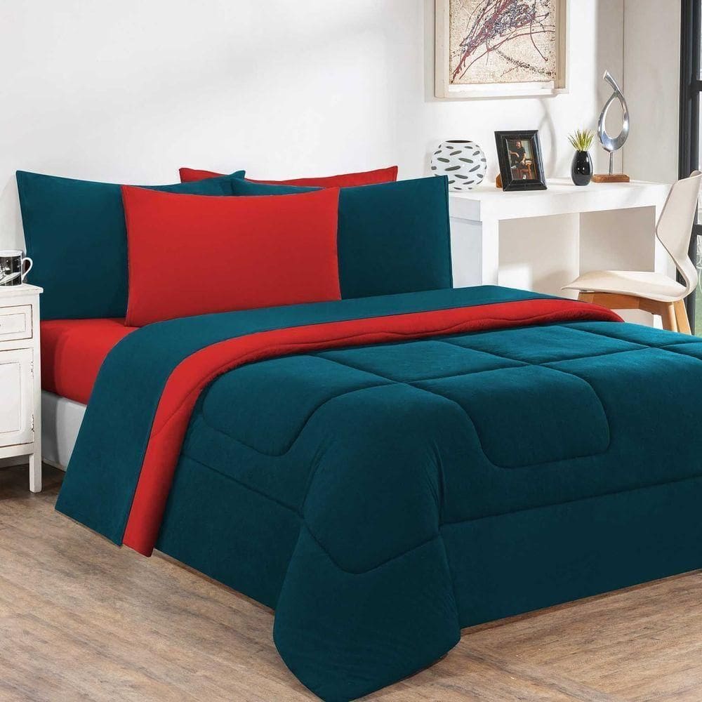 Kit Edredom + Jogo De Lençol 100% Algodão Gran Moratta 6 Peças Queen Azul Petróleo-vermelho