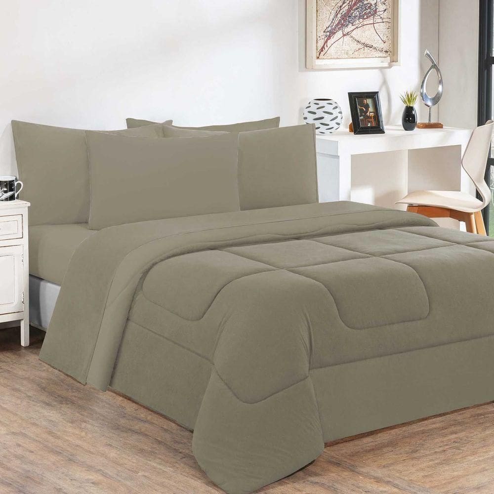 Kit Edredom + Jogo De Lençol 100% Algodão Gran Moratta 7 Peças Queen Avelã-avelã