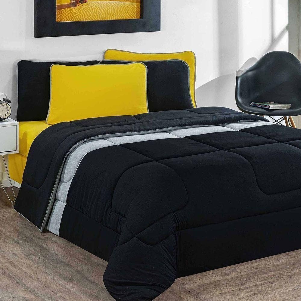 Kit Edredom + Jogo De Lençol 100% Algodão Urbano 5 Peças Solteiro Preto-mescla-amarelo
