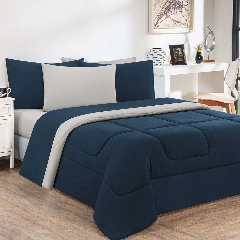 Kit Edredom + Jogo De Lençol 100% Algodão Gran Moratta 5 Peças Solteiro Azul Marinho-palha