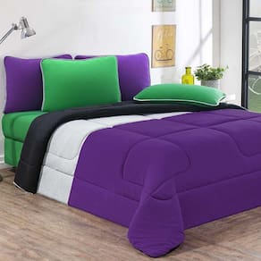 Kit Edredom + Jogo De Lençol 100% Algodão Urbano 4 Peças Solteiro Roxo-mescla-preto