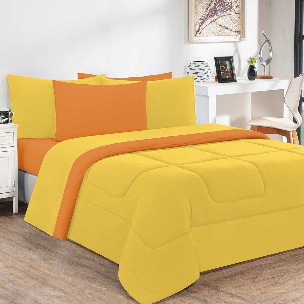 Kit Edredom + Jogo De Lençol 100% Algodão Gran Moratta 7 Peças Queen Amarelo-laranja