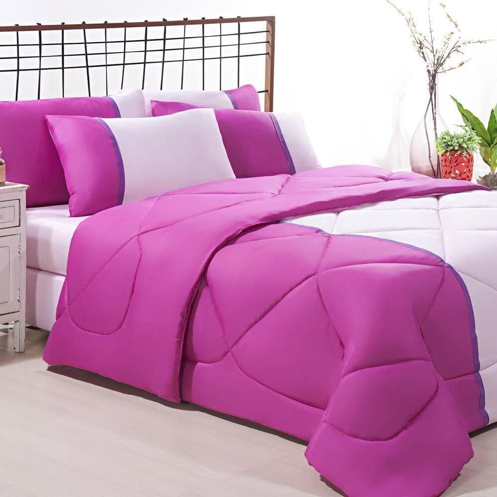 Enxoval Edredom + Jogo De Cama Queen Aconchego Premium 06 Peças - Pink- Rosa Bebe