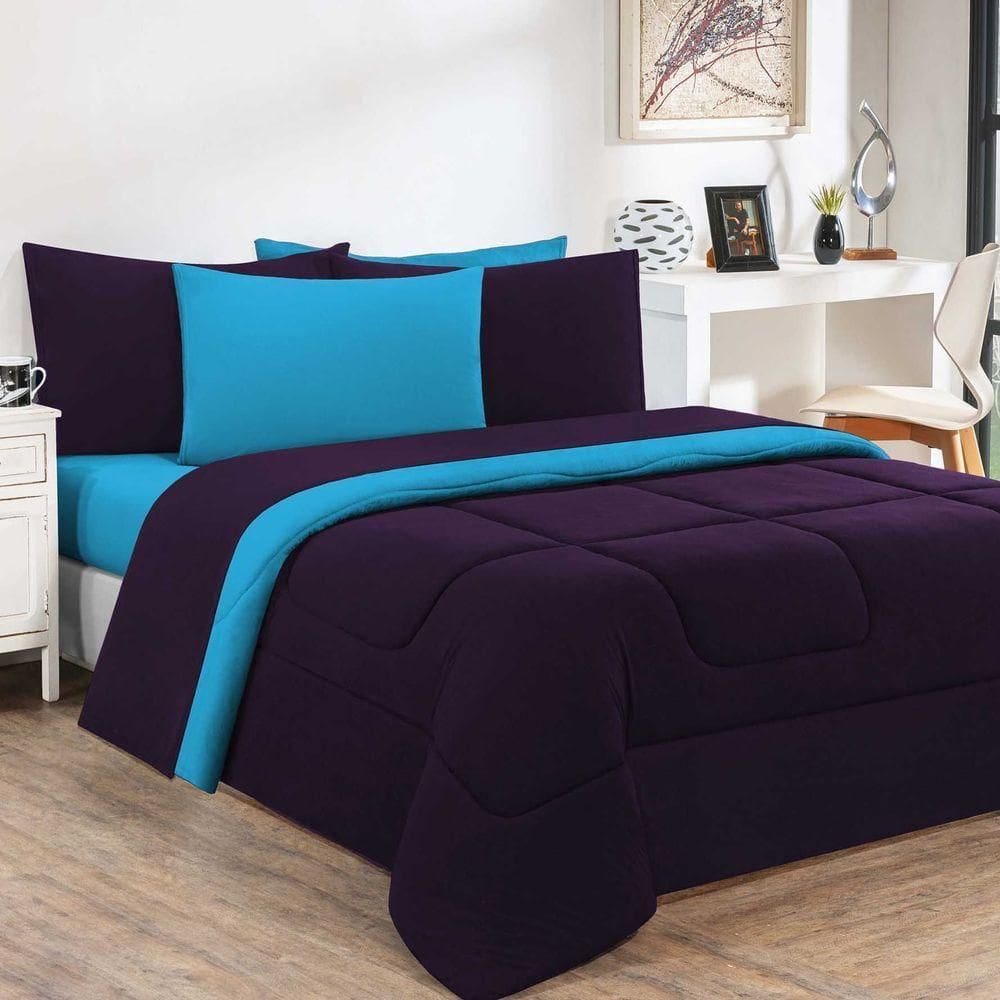 Kit Edredom + Jogo De Lençol 100% Algodão Gran Moratta 7 Peças Queen Roxo azul Turquesa