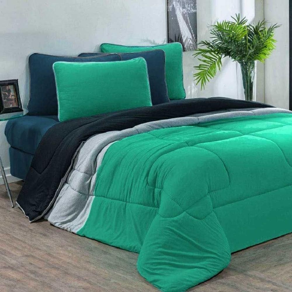 Kit Edredom + Jogo De Lençol 100% Algodão Urbano 7 Peças Queen Verde Jade-mescla-azul Petroleo