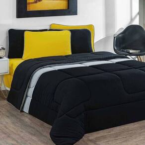 Kit Edredom Jogo De Lençol Malha 100% Algodão 7 Peças King Preto-mescla-amarelo