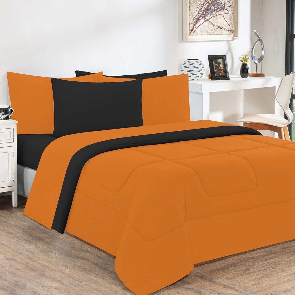 Kit Edredom + Jogo De Lençol 100% Algodão Gran Moratta 5 Peças Solteiro Laranja preto