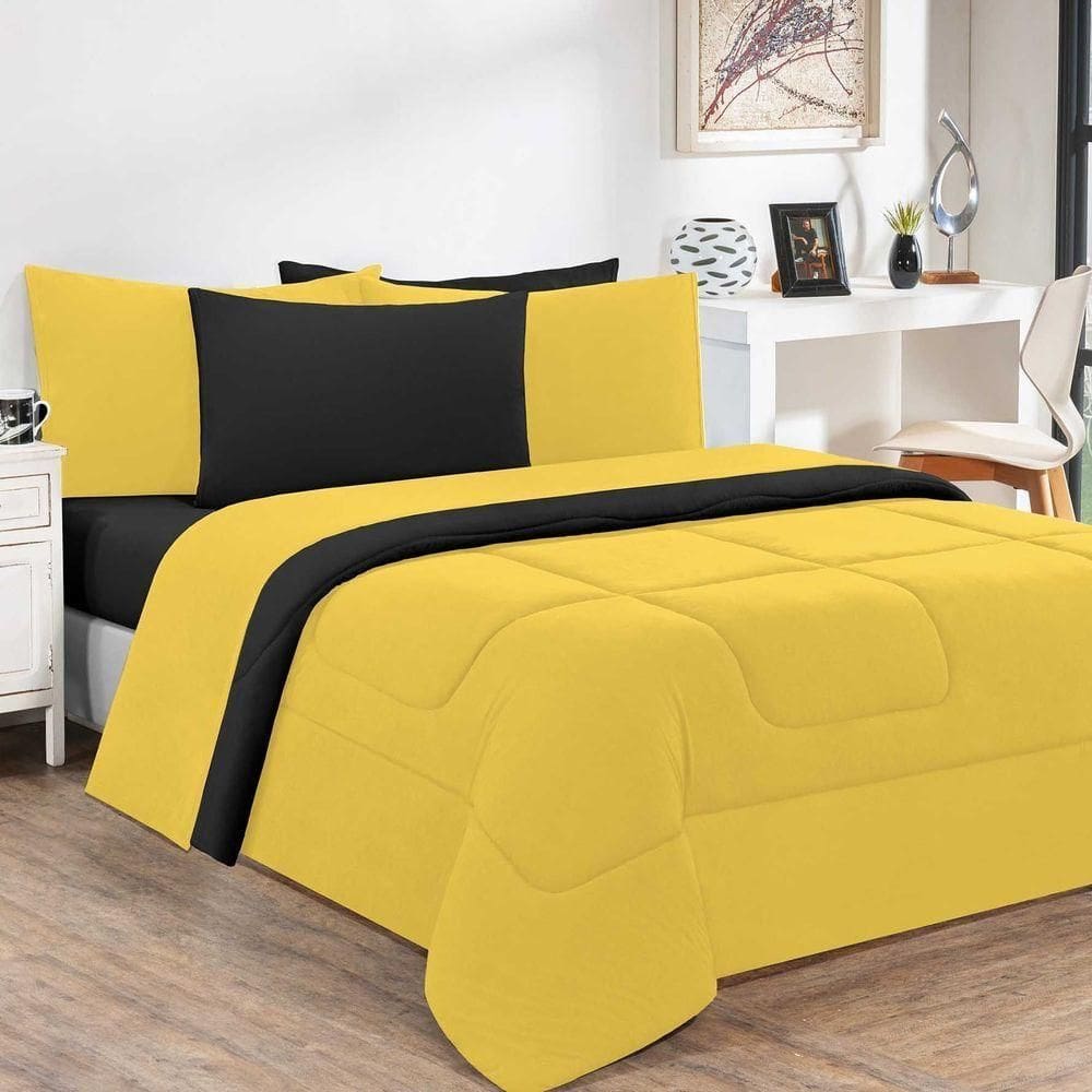 Kit Edredom + Jogo De Lençol 100% Algodão Gran Moratta 7 Peças King Amarelo-preto