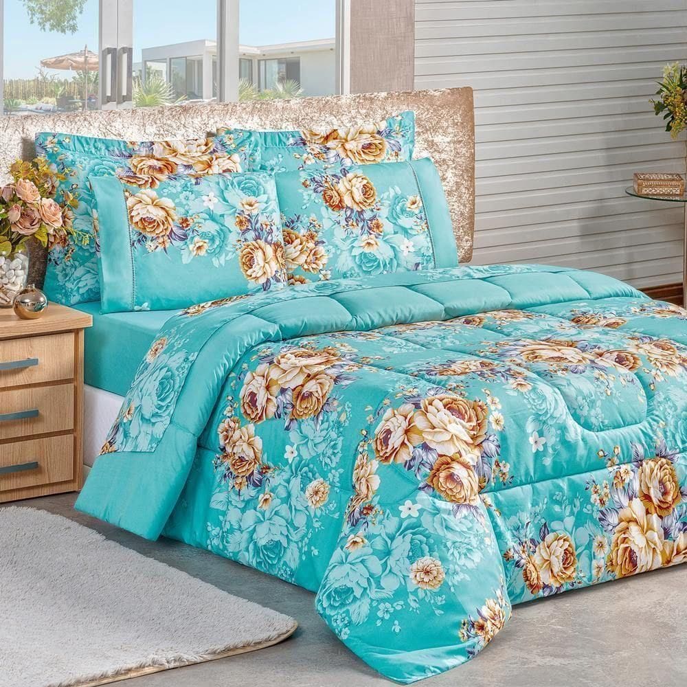 Kit Edredom Estampado Micropercal 200 Fios Naturale Queen 03 Peças Jasmine