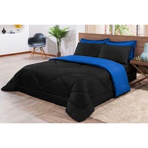 Kit Edredom + Jogo De Lençol Aconchego Look House Dupla Face Casal King 06 Peças - Preto E Azul