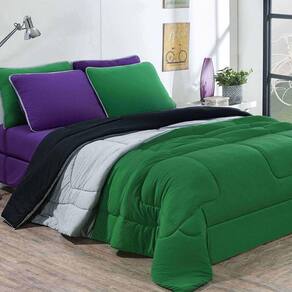 Kit Edredom + Jogo De Lençol 100% Algodão Urbano 5 Peças Solteiro Verde Bandeira-mescla-roxo