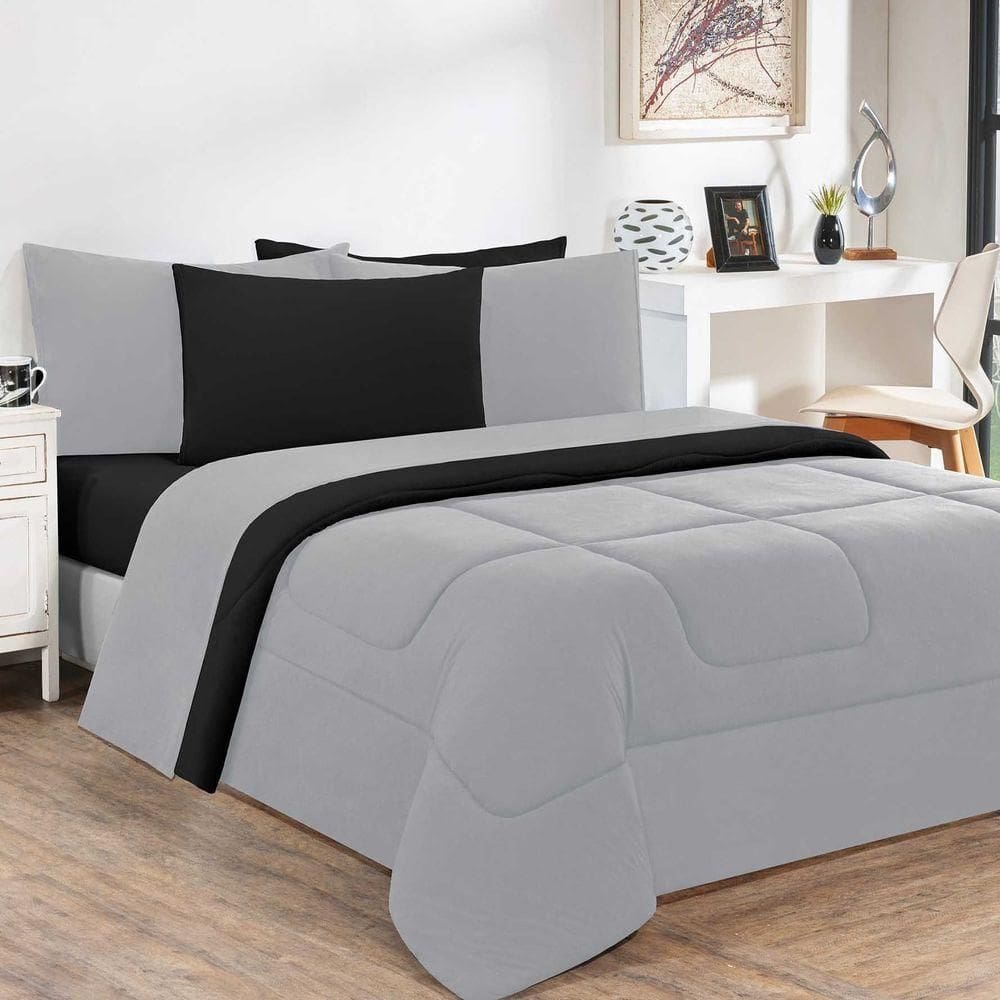 Kit Edredom + Jogo De Lençol 100% Algodão Gran Moratta 7 Peças King Cinza-preto