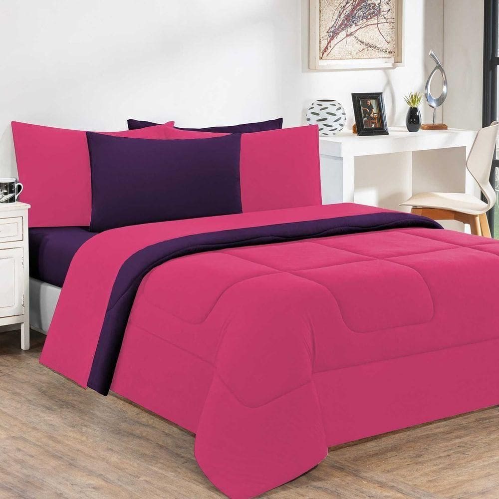 Kit Edredom + Jogo De Lençol 100% Algodão Gran Moratta 7 Peças Queen Pink roxo