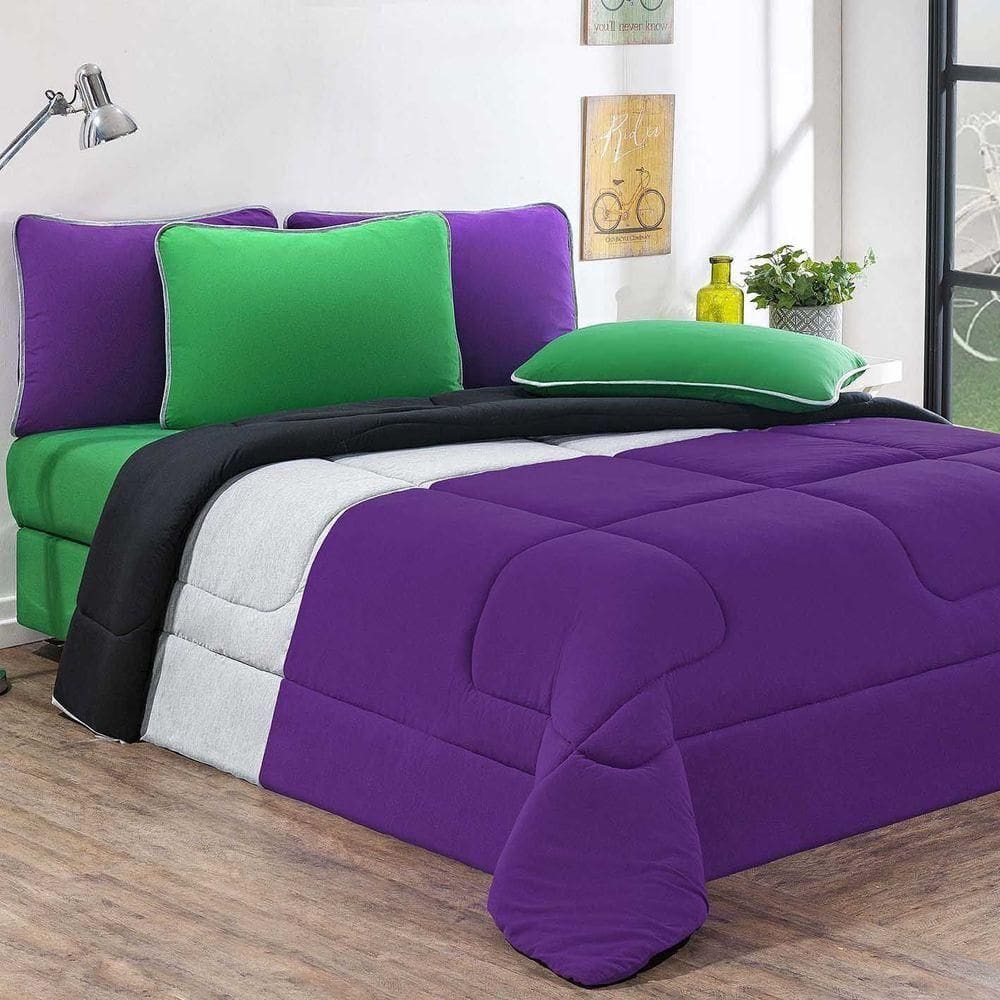 Kit Edredom + Jogo De Lençol 100% Algodão Urbano 7 Peças Queen Roxo-mescla-preto