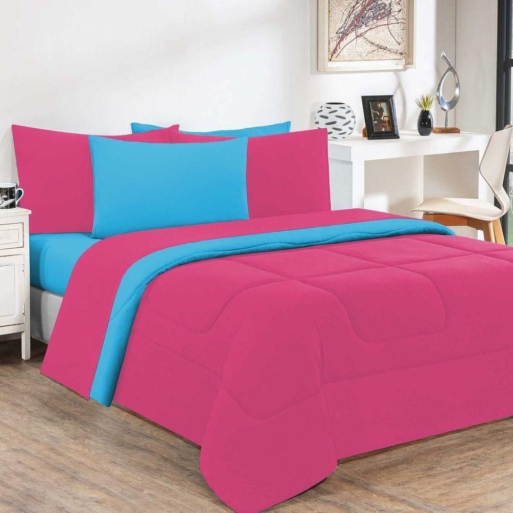 Kit Edredom + Jogo De Lençol Malha 100% Algodão Gran Moratta 7 Peças King - Pink -azul Turquesa