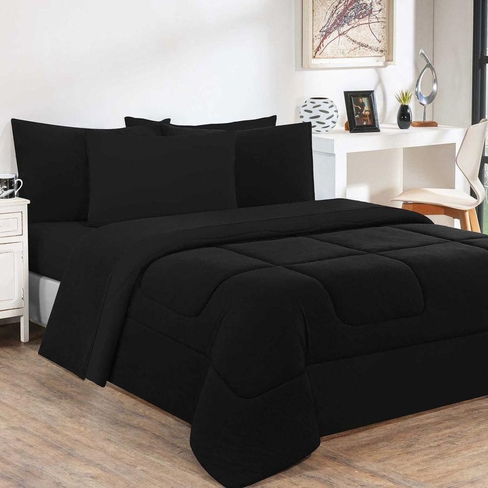 Kit Edredom + Jogo De Lençol 100% Algodão Gran Moratta 7 Peças King Preto-preto